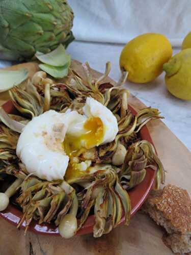Artichokes With Mushrooms & Poached Egg