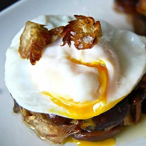 Mushrooms & Artichokes Timbal with Poached Egg & Piquillo Sauce