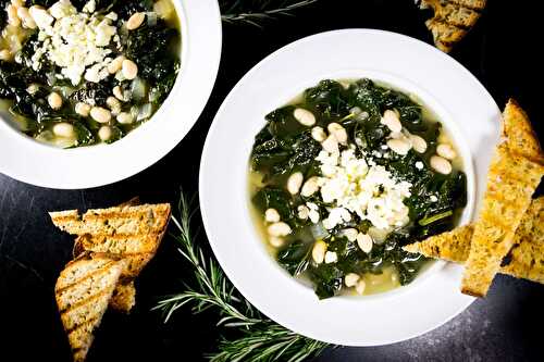 Kale and White Bean Soup with Feta and Garlic Crostini