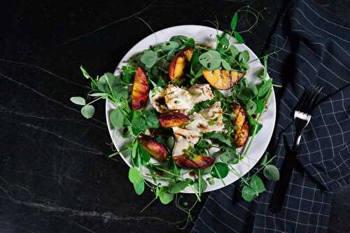 Pea Shoot Salad with Grilled Peaches and Fresh Mozzarella