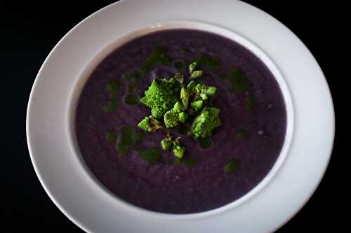 Purple Cauliflower Soup with Chive Brown Butter and Romanesco