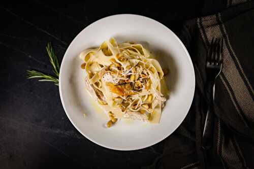 Roasted Chicken Tagliatelle with Pine Nuts, Golden Raisins and Rosemary