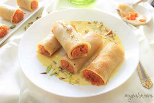 Carrot Crepe Rolls Dessert /Gajjar ke Roll with Basundi