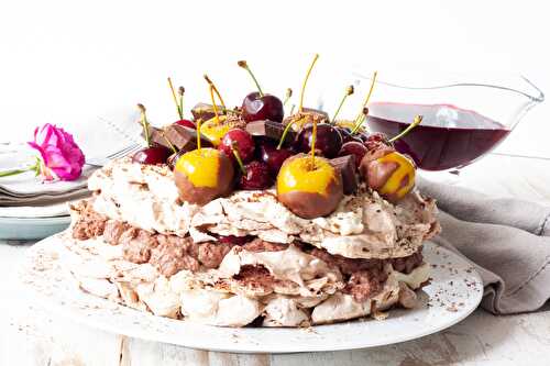 Cherry and chocolate mousse pavlova