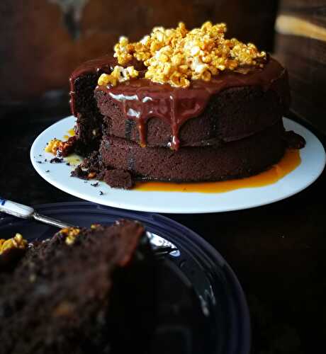 Peanut butter chocolate cake with a salted caramel and popcorn topping. -