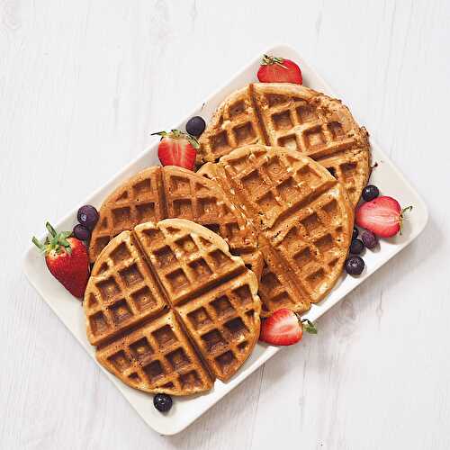 Four Ingredient Peanut Butter Waffles Made with Oat Flour. Vegan + Gluten Free - Nourish Your Glow