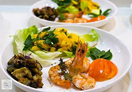 Vorspeisen Teller mit Crevetten, Auberginen und Mango Salsa – Starter Plate with Prawns, Eggplants and Mango Salsa