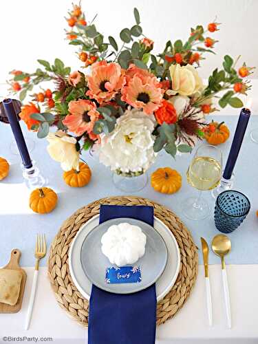 Party Ideas | Party Printables Blog: A Blue and Orange Thanksgiving Table