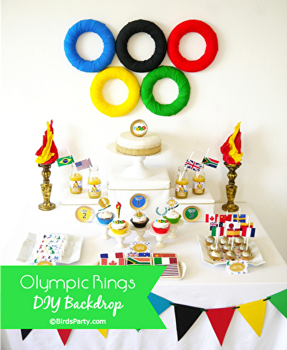 Party Ideas | Party Printables Blog: DIY Olympic Rings Dessert Table Backdrop
