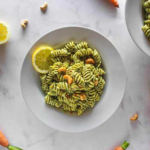 Carrot Greens Pesto Cold Pasta Salad Recipe | Vegan + GF