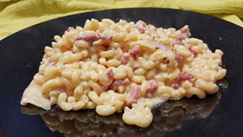 Pasta with soft creamy cheese and ham cubes