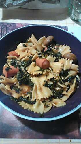 Pasta with Strasbourg sausages and spinach