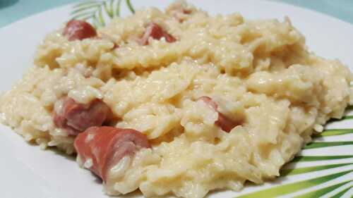Risotto with Strasbourg sausages, mustard and white wine