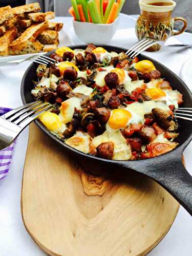 Quail eggs, mushrooms and bacon breakfast