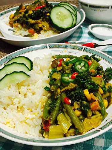 Vegetarian Thai curry on egg-fried rice