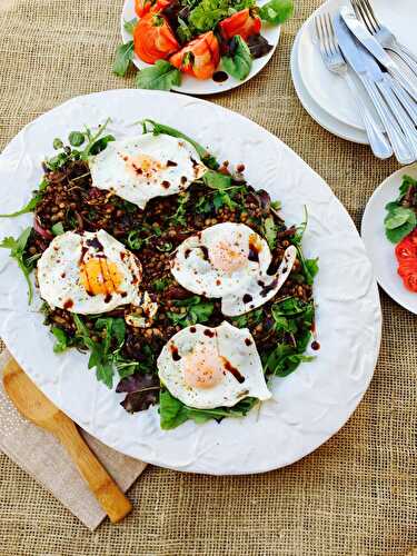 Brown and green lentils with portobello mushrooms, wasabi rocket and watercress hearty salad