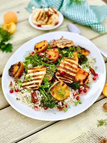 Herby barley couscous with chipotle halloumi and grilled apricots