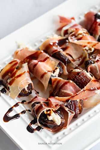 Prosciutto Wrapped Cashew Cream Cheese Stuffed Dates with Balsamic Glaze