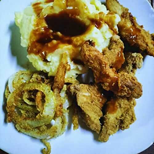 Ultimate Crispy Chicken Strips with Creamy Mash and Onion Rings