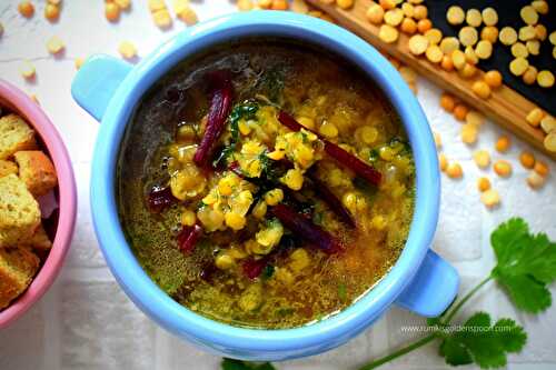 Yellow Split Pea Soup with Beet Greens | Vegan Soup Recipe Easy - Rumki's Golden Spoon