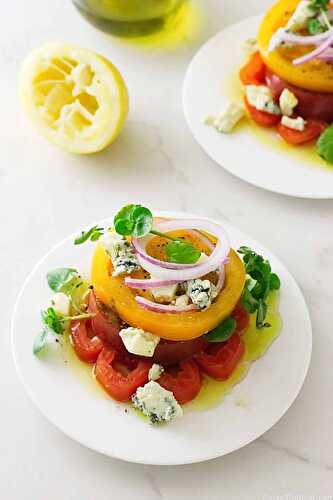Heirloom Tomato Napoleon with Maytag Blue Cheese Crumbles