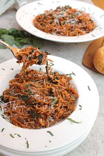 One Pot Basil Beef Spaghetti