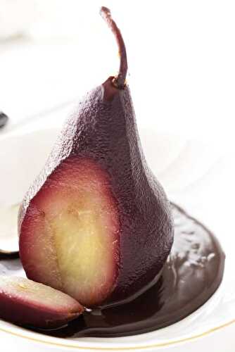 Red Wine Poached Pears with Chocolate Ganache