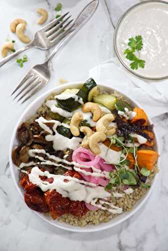 Roasted Veggie Quinoa Bowl with Tahini Cashew Dressing