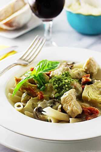 Spelt penne pasta with chicken artichokes and mushrooms