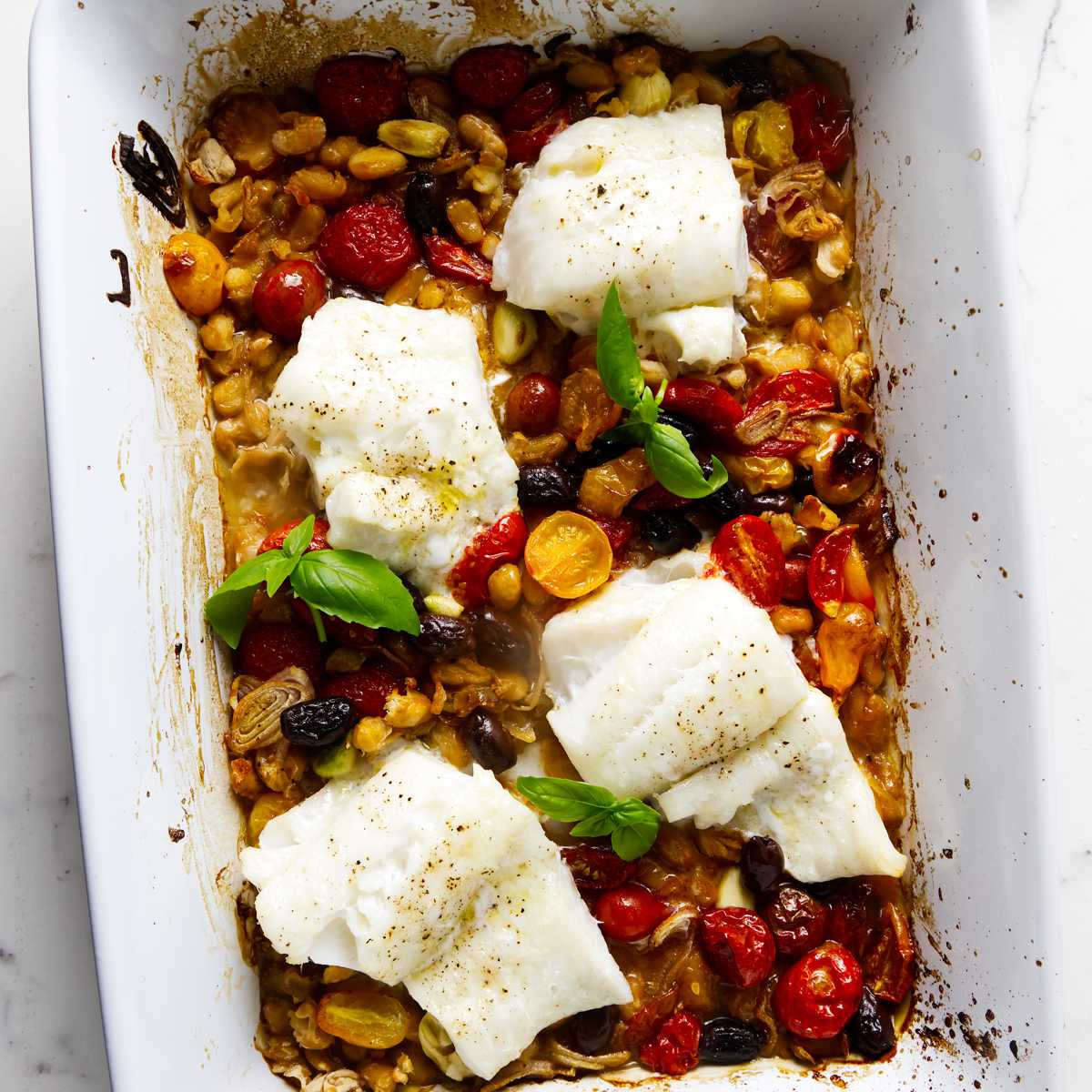 Baked Cod with Tomatoes and Beans
