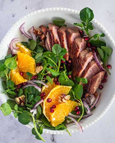 Crispy Duck Salad with Orange Slices and Pomegranate Seeds