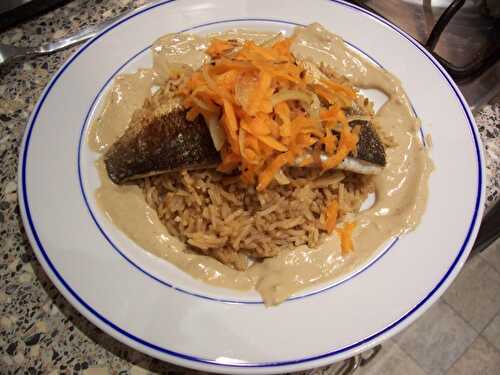 Sea Bass with Tahini Sauce, Carrot and Onion Seed Salad and Saffron Rice