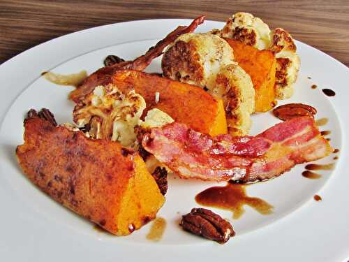 Roast cauliflower and butternut squash salad with bacon and caramelised pecans