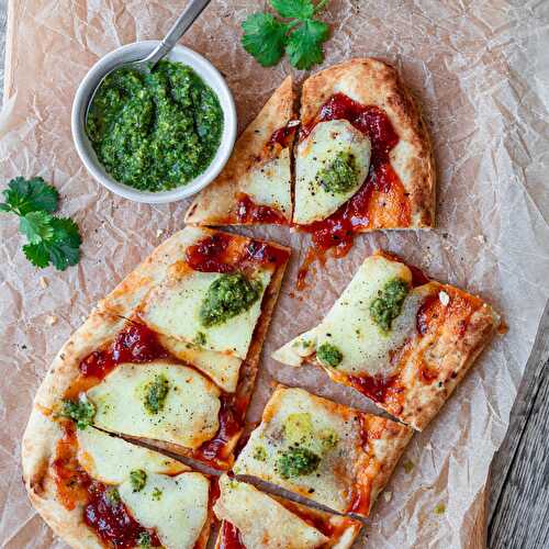 Naan Bread Pizza with Coriander Chutney Drizzle