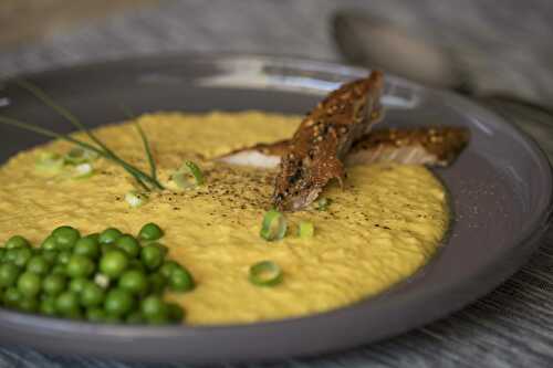 Corn soup with smoked mackerel and peas