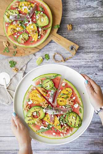Watermelon pizza with grilled mango, avocado and sardines