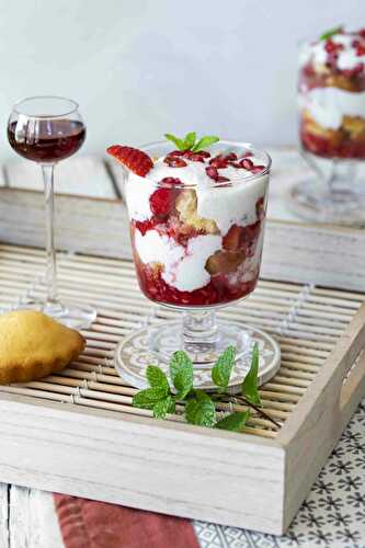 Trifle of madeleine cake, yogurt and red fruit