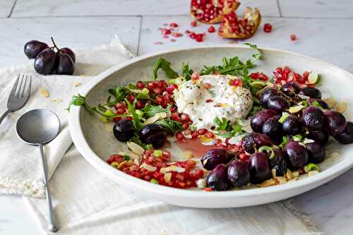 Warm grapes, burrata cheese and pomegranate seeds salad