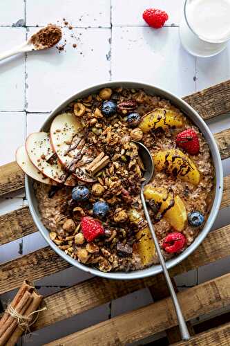 Warm oatmeal with chocolate, fruit and nuts