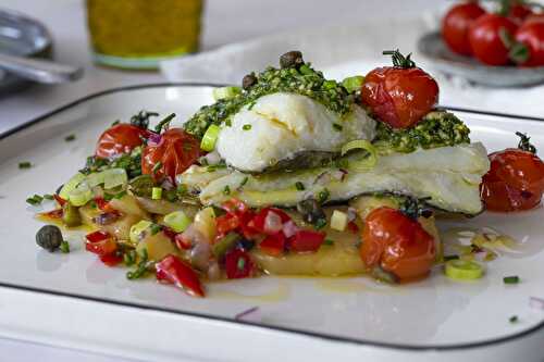 Cod with herb pesto and potato candied in oil
