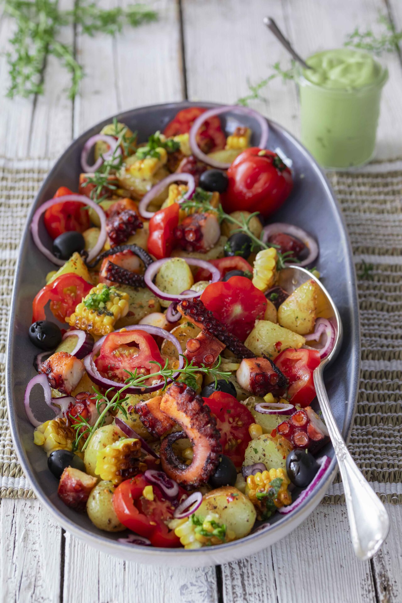 Octopus salad with avocado mayonnaise
