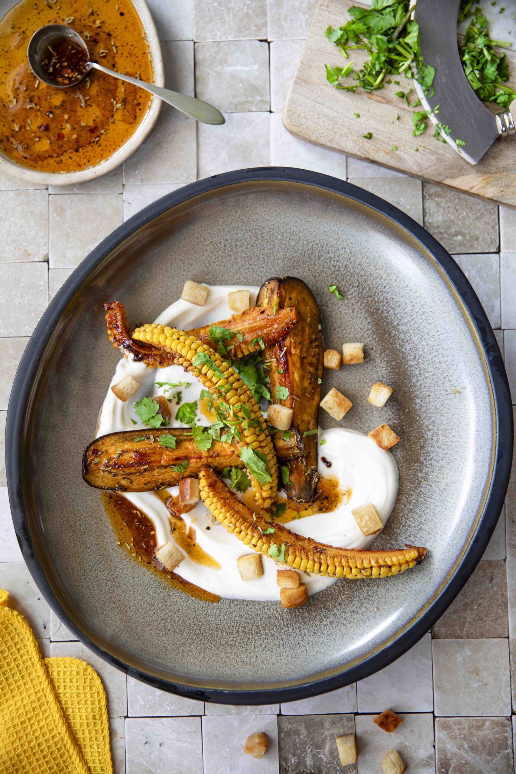 Corn and eggplant baked with honey