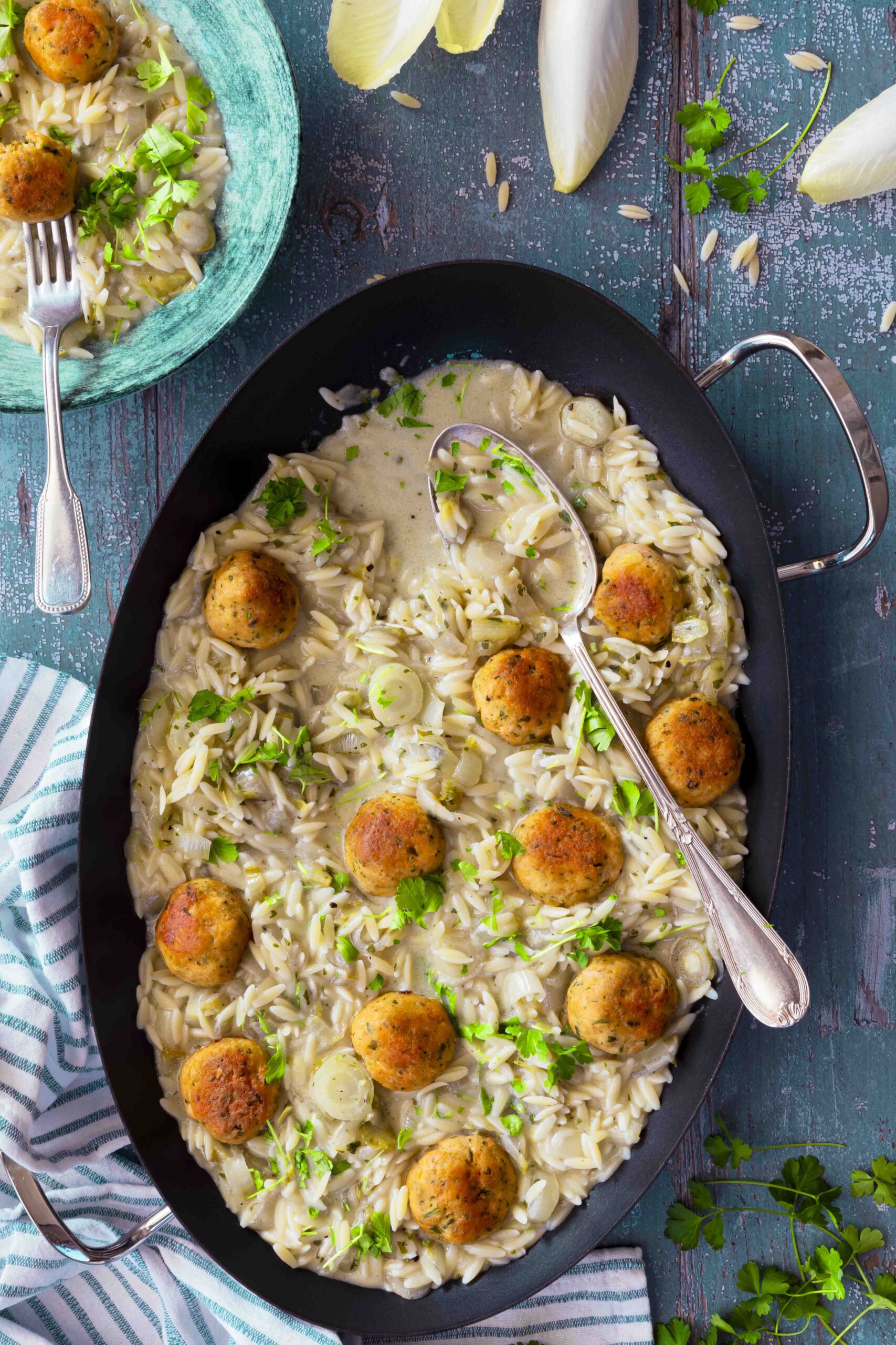 Orzo pasta with endive and spicy salmon balls