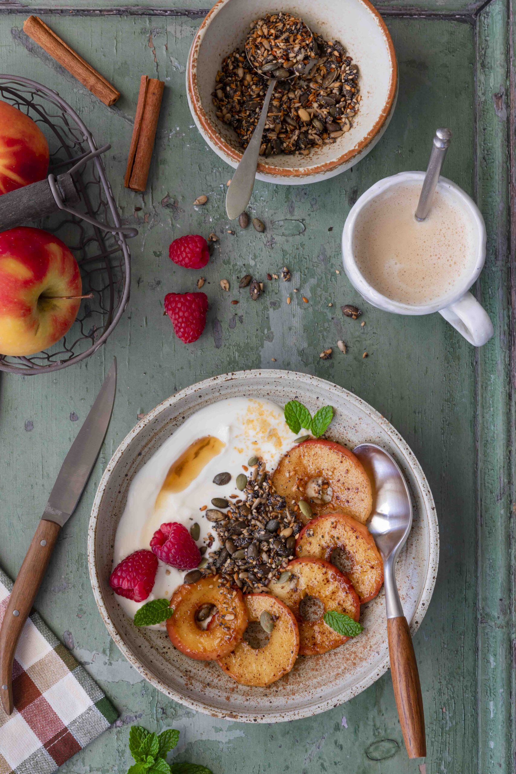 Baked apple with cinnamon and seeds granola