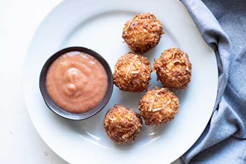 Coconut Fried Rice Balls with Spicy Peach Dipping Sauce | Serving Tonight