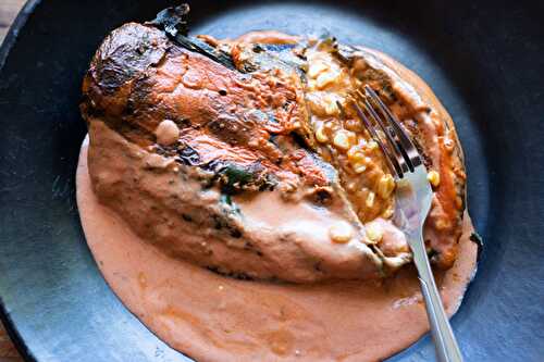 Stuffed Poblano Peppers in Tomato Cream Sauce | Serving Tonight