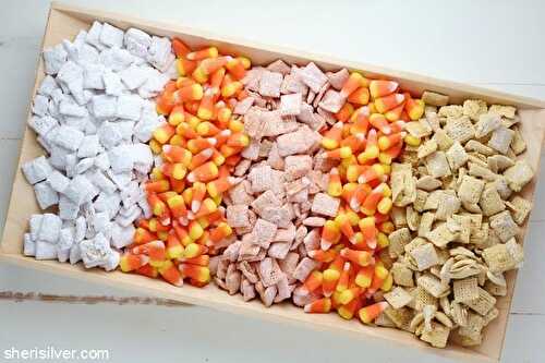 Halloween "in the house": candy corn muddy buddies | Sheri Silver - living a well-tended life... at any age
