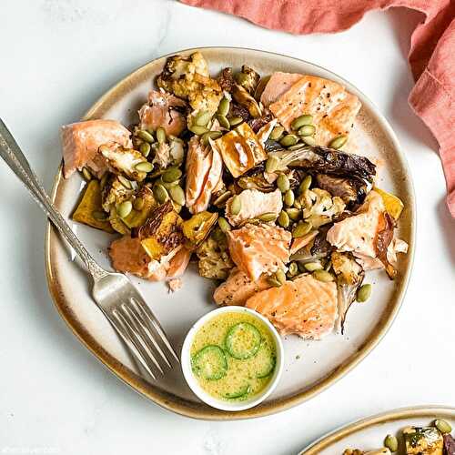 Roasted salmon and vegetables with citrus miso