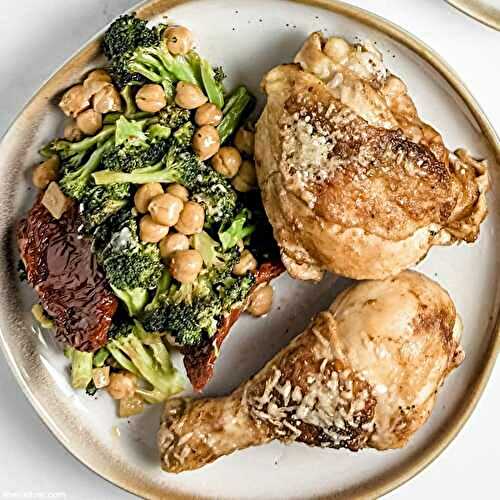 Easy sheet pan chicken with broccoli and chickpeas!