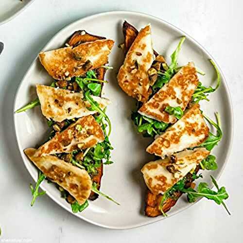 Arugula and halloumi tartines on sweet potato toast
